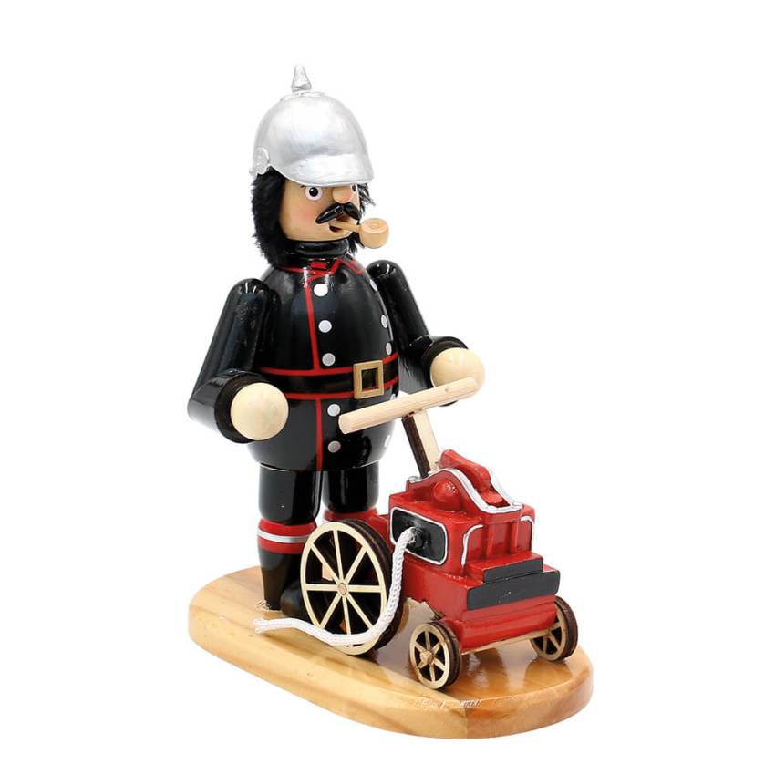 Holz Räuchermann altdeutscher Feuerwehrmann mit roter Feuerwehrpumpe und historischer Uniform