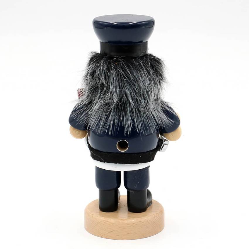 „Lustige Räuchermannfigur aus Holz in Polizistenuniform mit Pistole und Handschellen – bauchige Form, Rauchöffnung im Mund, ca. 16 cm hoch.“