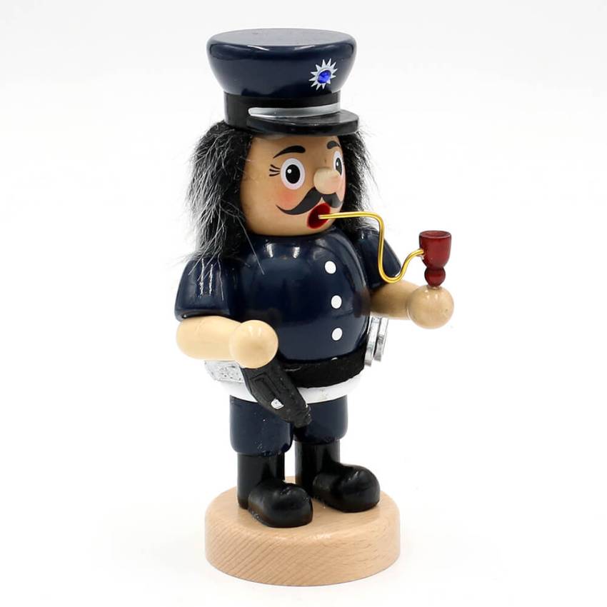 „Lustige Räuchermannfigur aus Holz in Polizistenuniform mit Pistole und Handschellen – bauchige Form, Rauchöffnung im Mund, ca. 16 cm hoch.“