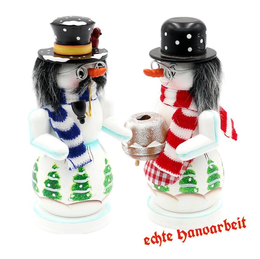 „Handbemalter Räucherschneefiguren ‚Opa‘und oma aus Holz mit Zylinder, Strickschal, Pfeife, Brille und Kunstbehaarung, traditionelle Winterfigur,