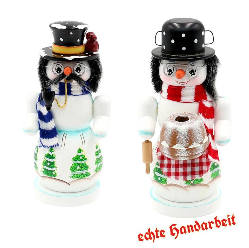 „Handbemalter Räucherschneefiguren ‚Opa‘und oma aus Holz mit Zylinder, Strickschal, Pfeife, Brille und Kunstbehaarung, traditionelle Winterfigur,