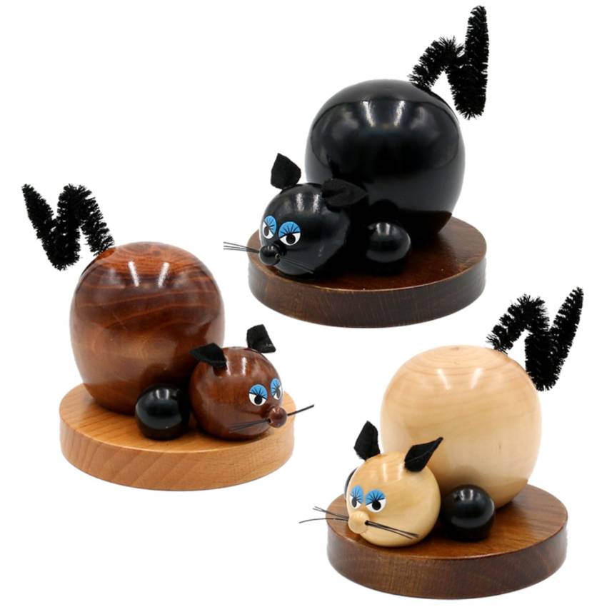 Räucherfigur Katze aus Holz – handgefertigt in drei Farben