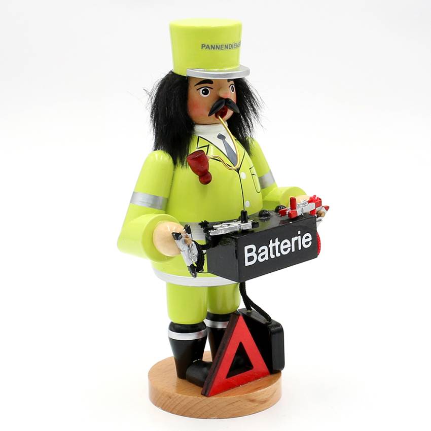 Räuchermann „Pannenhelfer“ – humorvolle Holzfigur mit Batterie und Werkzeug