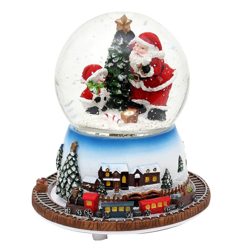 Schneekugel „Santa“ mit bewegter Eisenbahn – LED, Musik & Farbwechsel, Polyresin