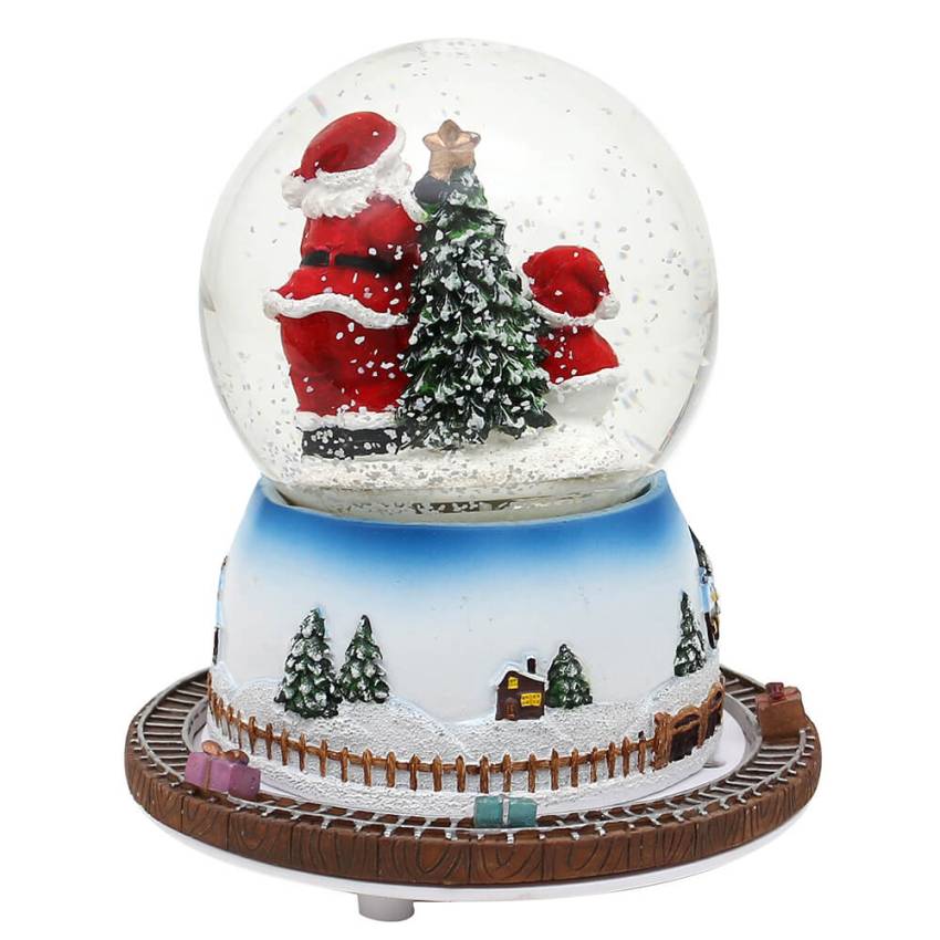 Schneekugel „Santa“ mit bewegter Eisenbahn – LED, Musik & Farbwechsel, Polyresin