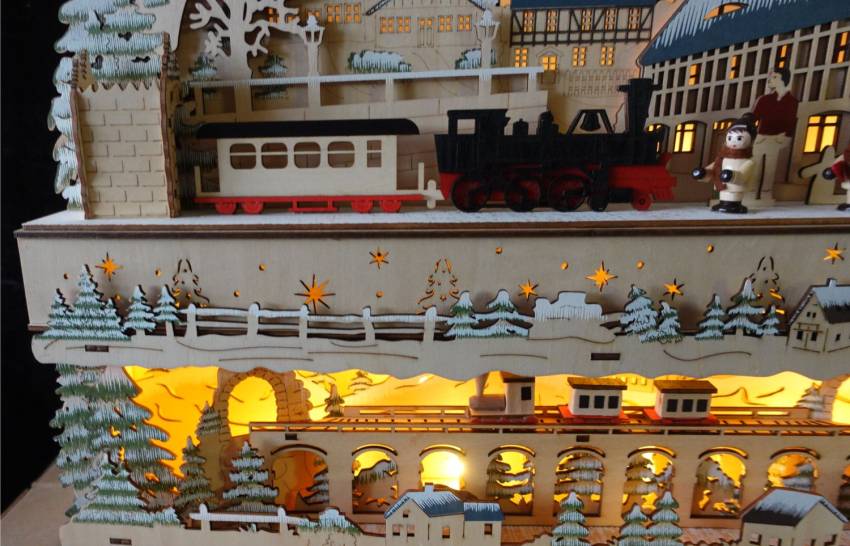 Schwibbogen-Fensterbank Schwibbogenbank beleuchtet mit Eisenbahn Bank Seiffener Winterwald