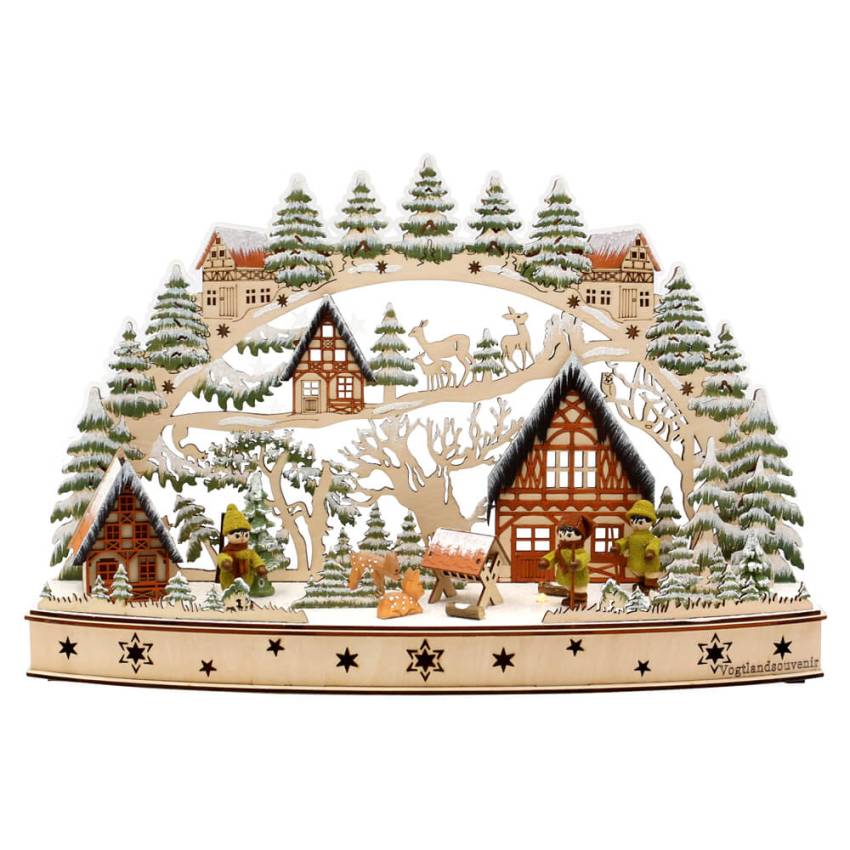 Schwibbogen Winterwald mit Moosmann Figuren Acrylglas Hintergrund