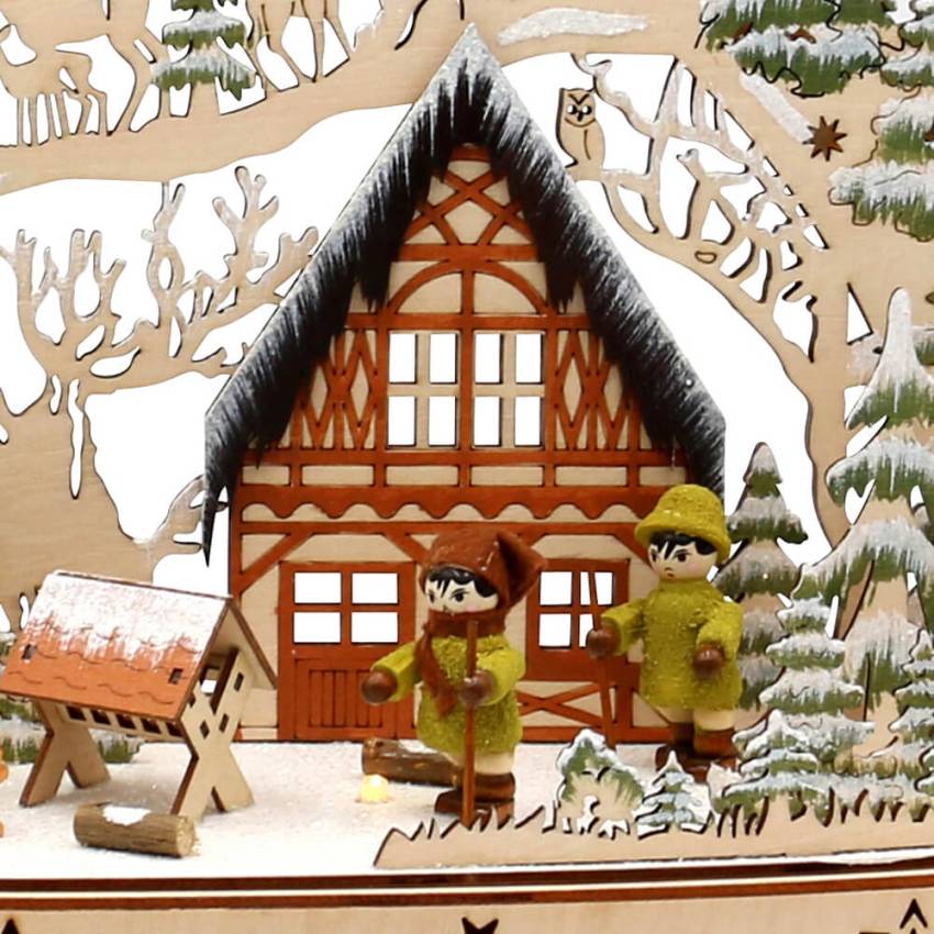 Schwibbogen Winterwald mit Moosmann Figuren Acrylglas Hintergrund