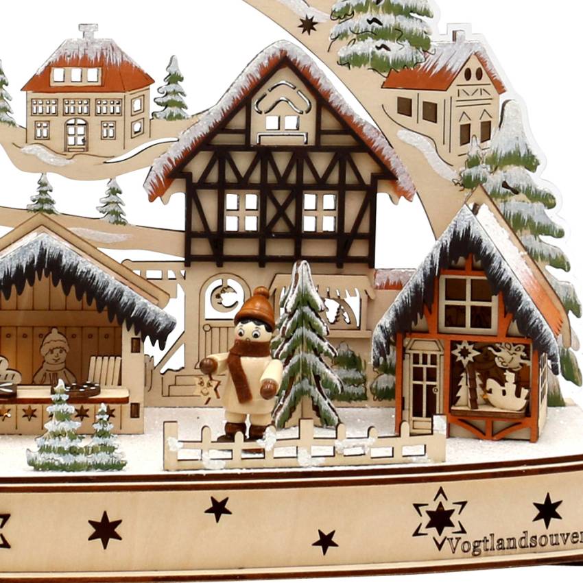 Schwibbogen Weihnachtsmarkt verschneit Acrylglas Winterkinderfiguren