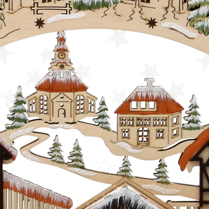 Schwibbogen Weihnachtsmarkt verschneit Acrylglas Winterkinderfiguren