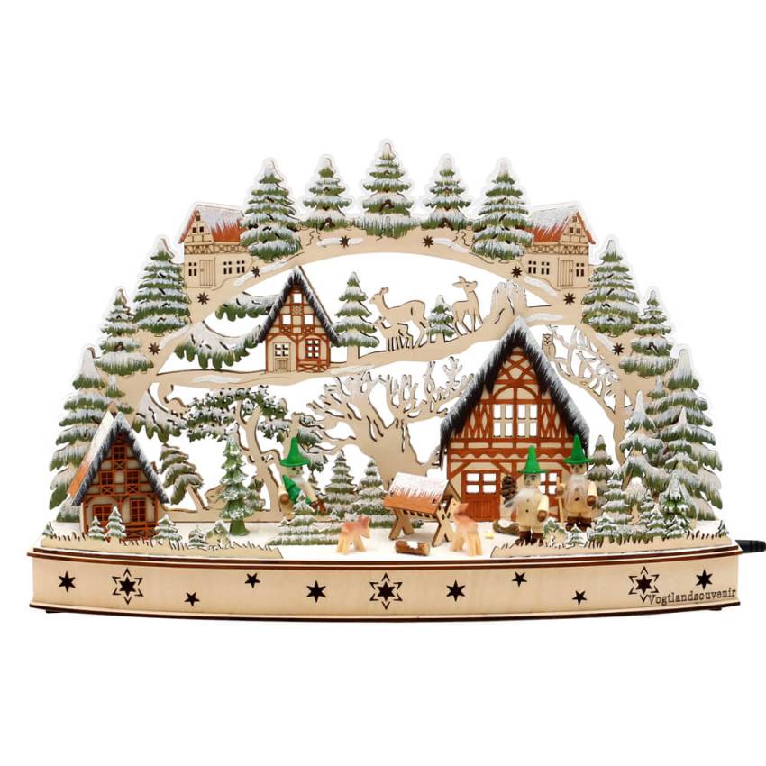 Holz Schwibbogen "Winterwald mit Wichtel Figuren"