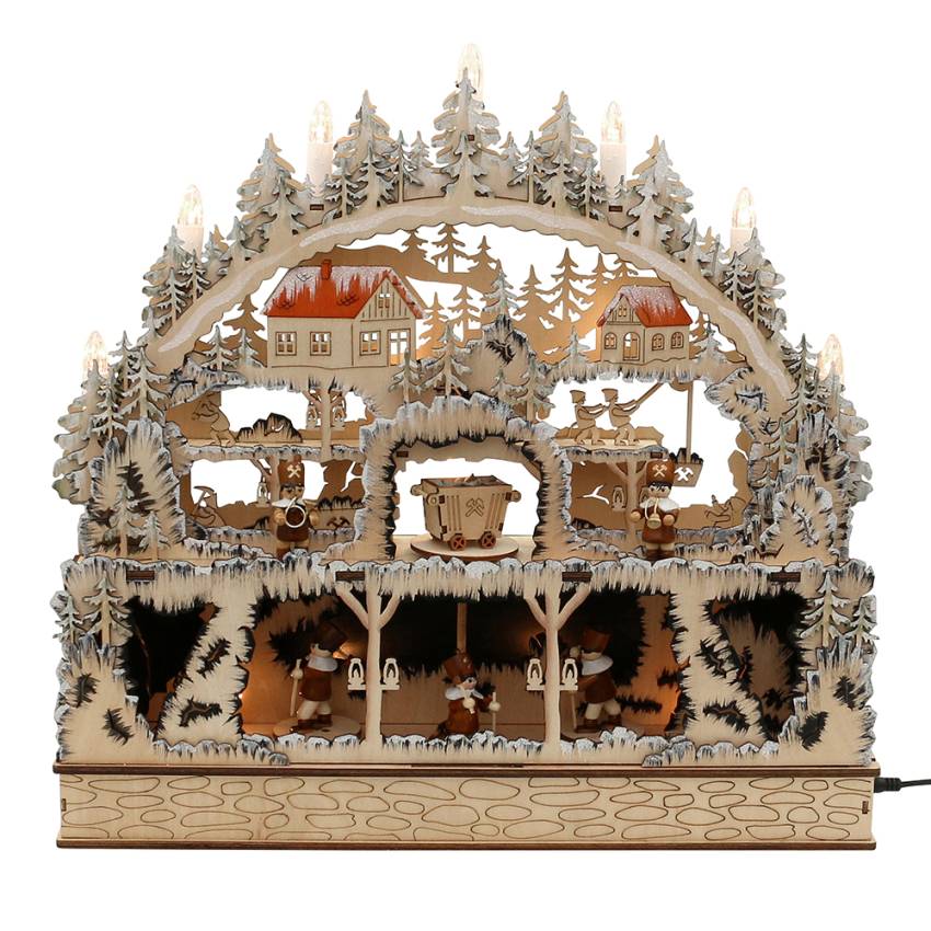 schwipbogen bergwerk mit bank bergmannsfiguren farbig und glitzerschnee verschneit