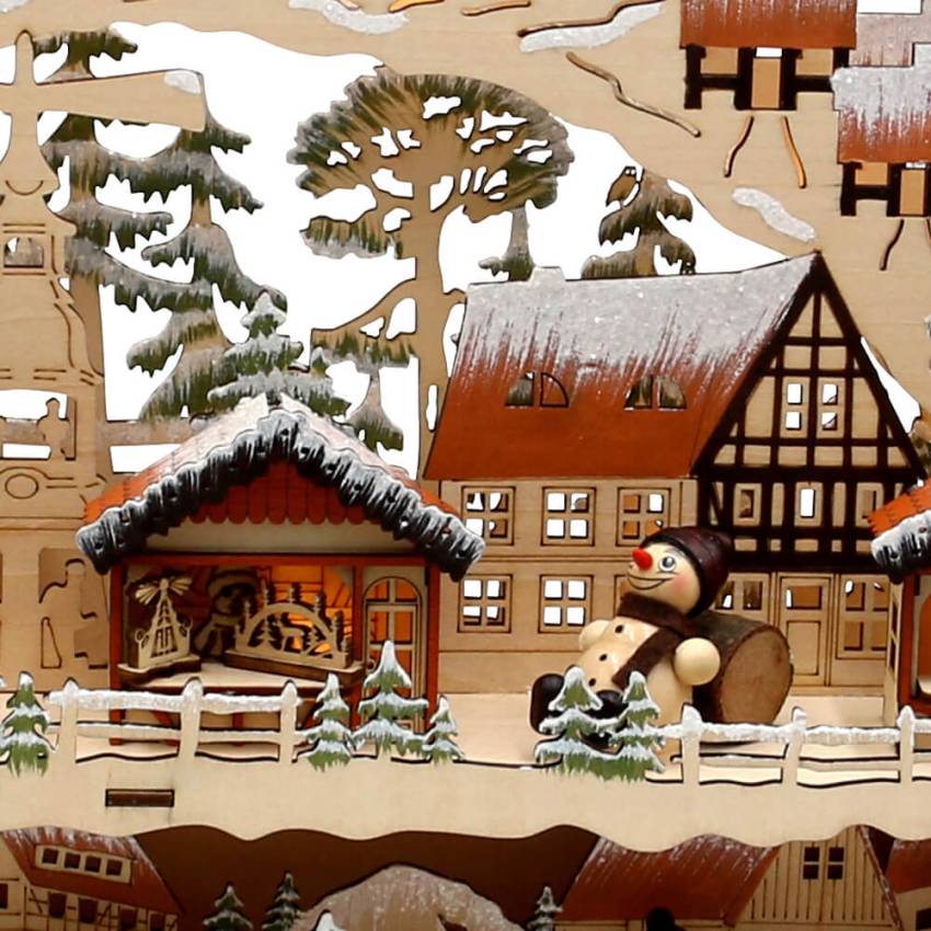Schwibbogen mit Bank dekorativer filigran Schneemannfiguren Weihnachtsmarkt