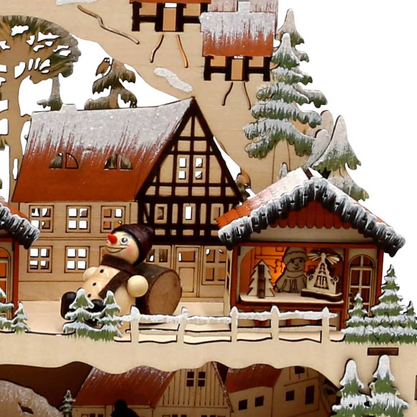 Schwibbogen mit Bank dekorativer filigran Schneemannfiguren Weihnachtsmarkt