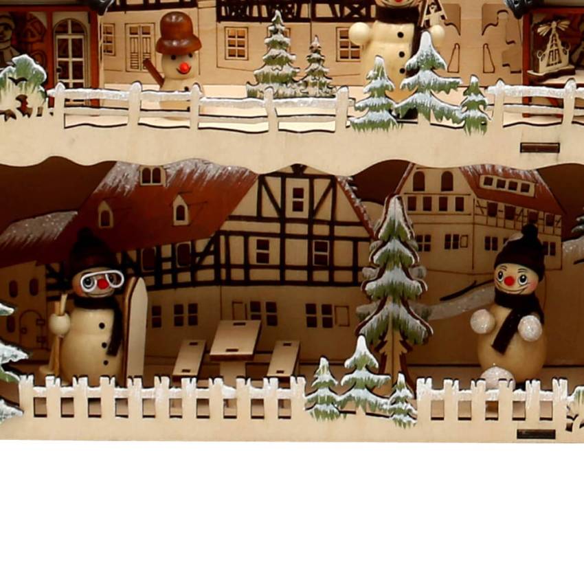Schwibbogen mit Bank dekorativer filigran Schneemannfiguren Weihnachtsmarkt