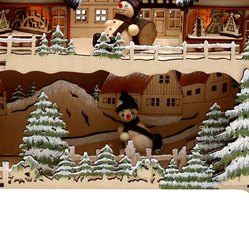 Schwibbogen mit Bank dekorativer filigran Schneemannfiguren Weihnachtsmarkt