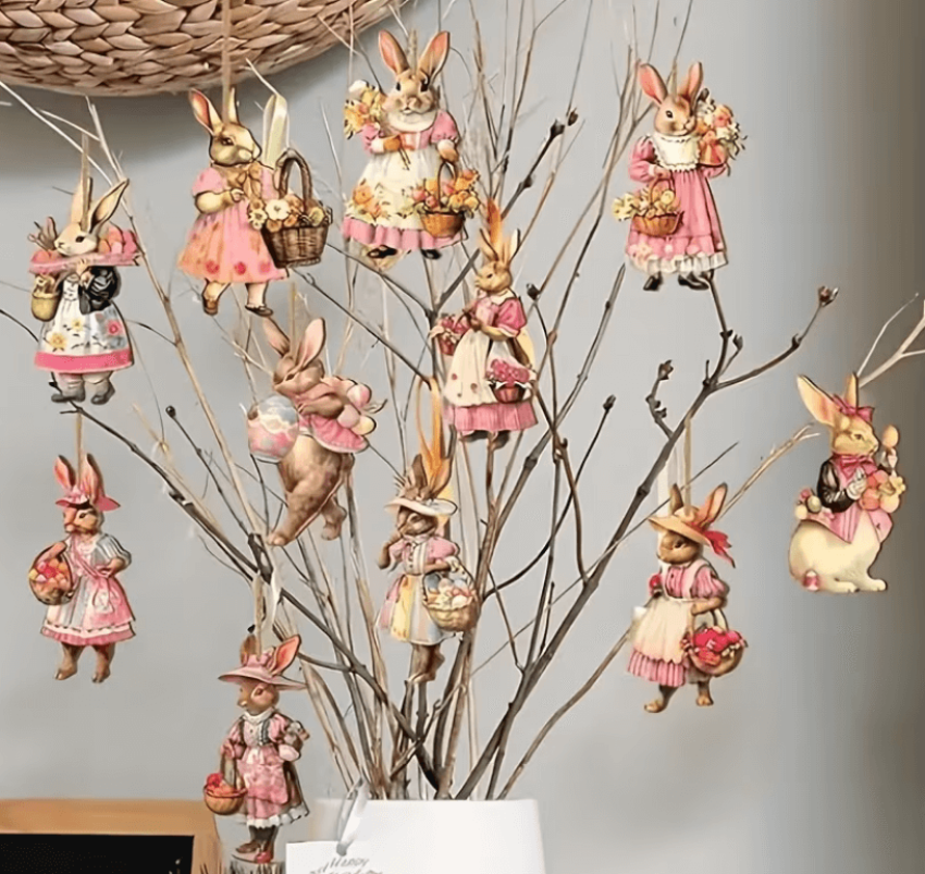 Osterdekoration – Hängende Osterhasen Holzanhänger im altdeutschen Stil