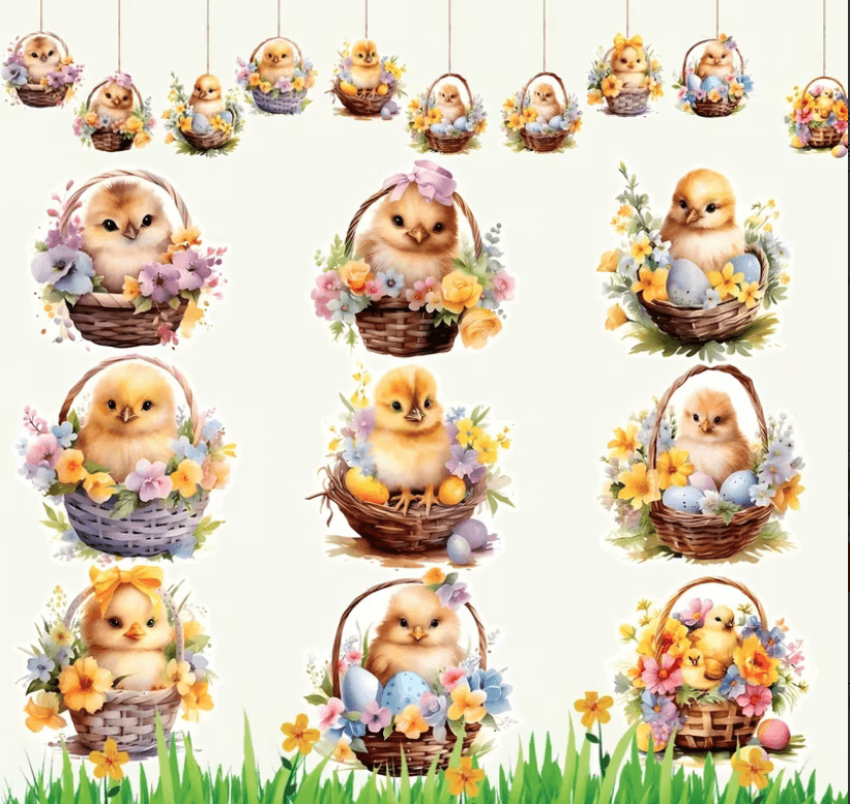 Osterdekoration – Lustige Holzanhänger Küken im Korb Strauchbehang