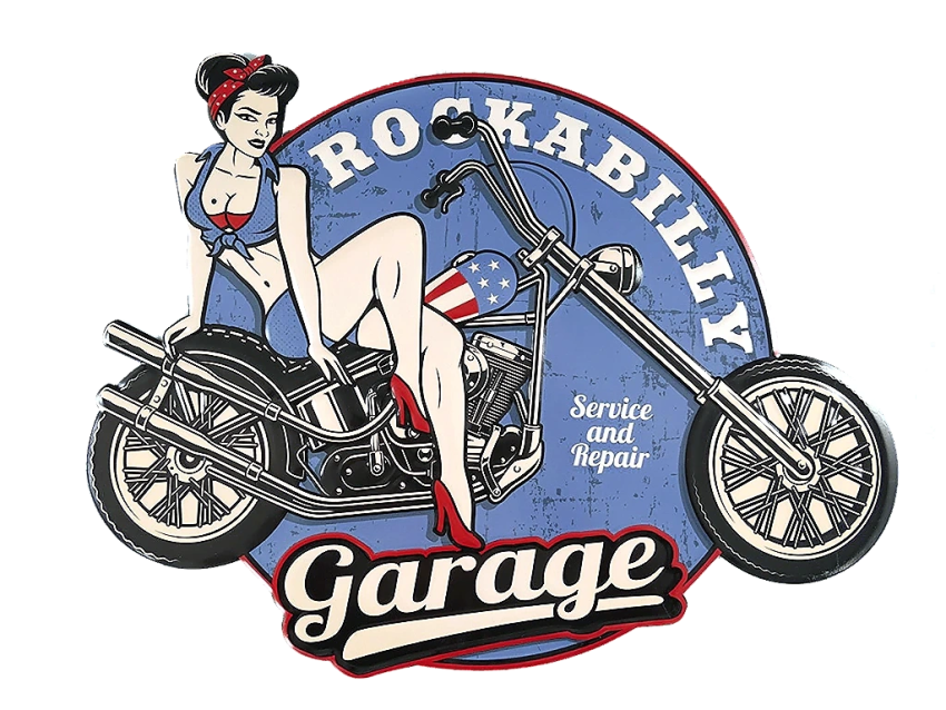 Retro XXL Blechschild Rockabilly Pin Up sitzen auf Easy Rider Chopper