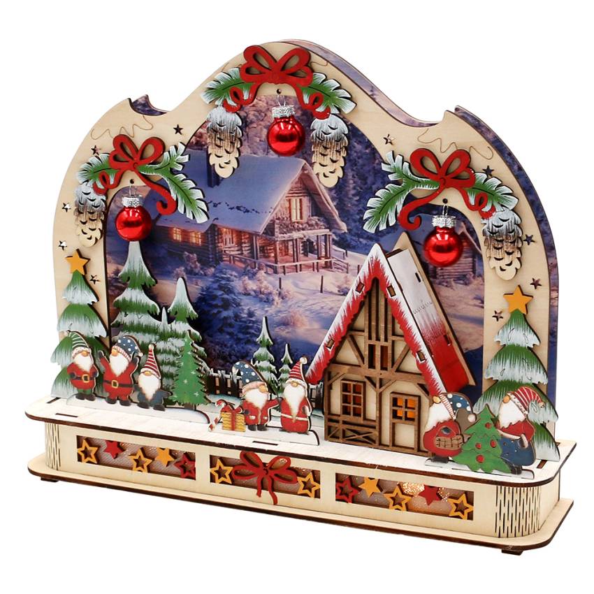 Beleuchtete Holzdeko mit Weihnachtswichteln, roten Kugeln und filigranen Laserschnitten. Größe 30 × 7 × 24,5 cm, LED‑Licht mit 6‑Stunden‑Timer, batteriebetrieben (AA).