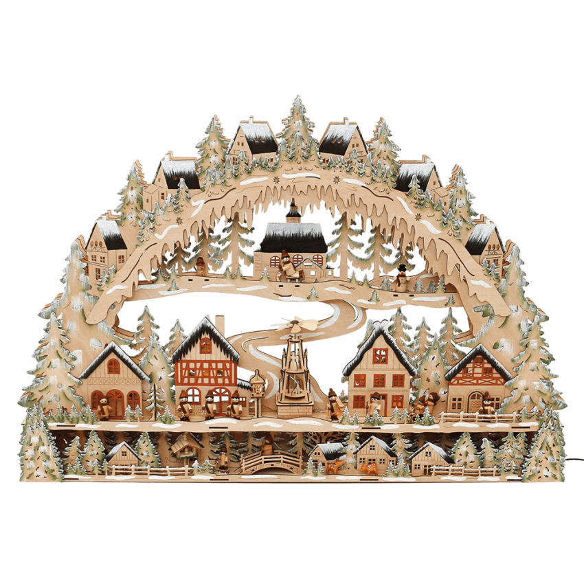 Großer Holz-Schwibbogen mit verschneiter Stadt-Szene, Miniaturfiguren und beleuchteter Pyramide – Laserholz, ca. 98 × 67,5 cm, LED-beleuchtet.“