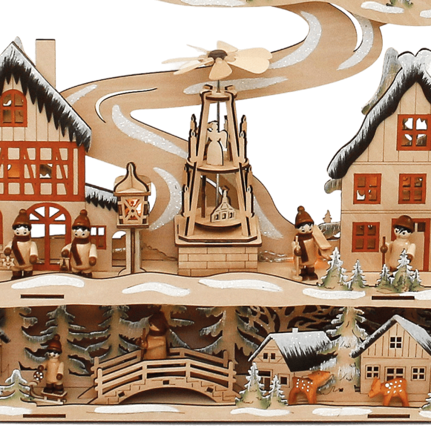 XXXL Holz-Schwibbogen „Stadt Winterszene mit Pyramide“ – Laserholz, LED, Timer