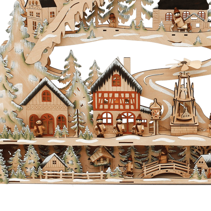 XXXL Holz-Schwibbogen „Stadt Winterszene mit Pyramide“ – Laserholz, LED, Timer