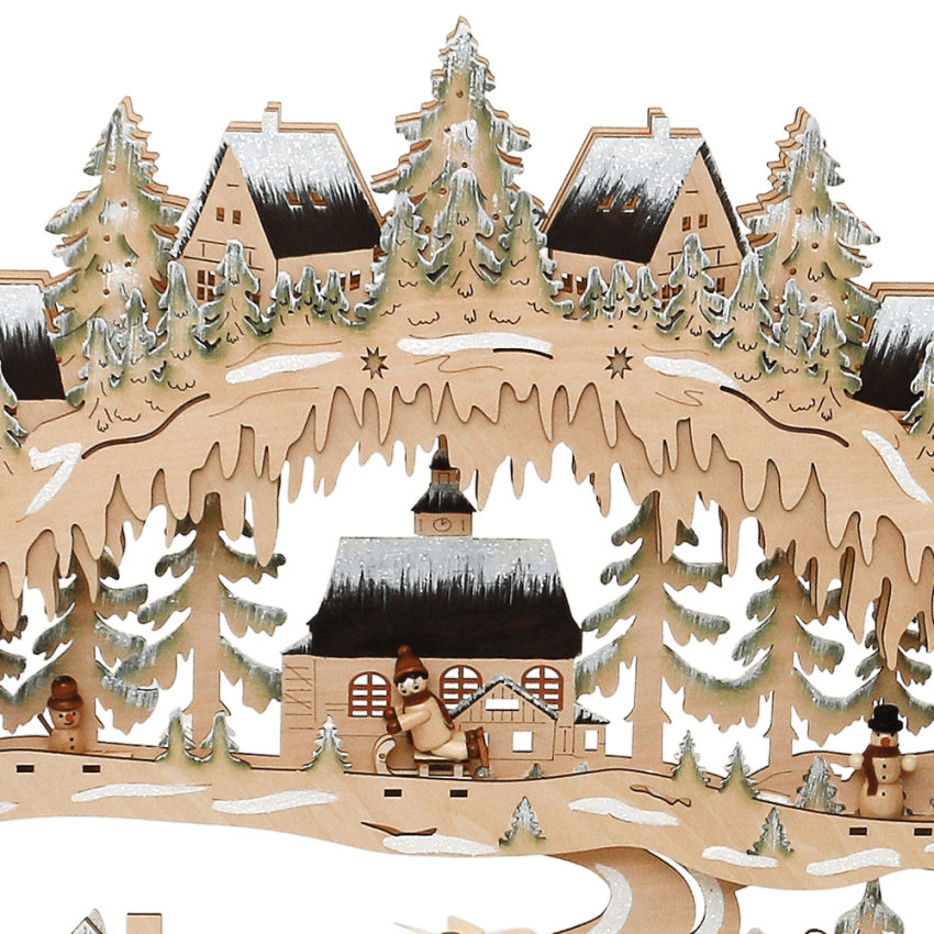 XXXL Holz-Schwibbogen „Stadt Winterszene mit Pyramide“ – Laserholz, LED, Timer