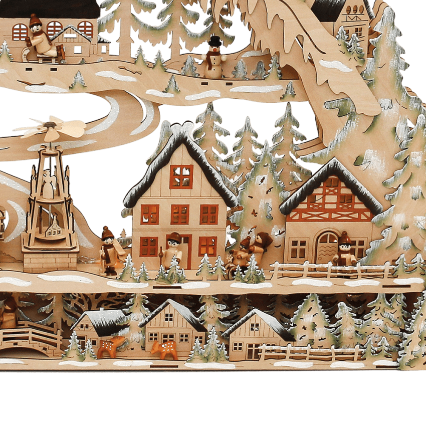 XXXL Holz-Schwibbogen „Stadt Winterszene mit Pyramide“ – Laserholz, LED, Timer