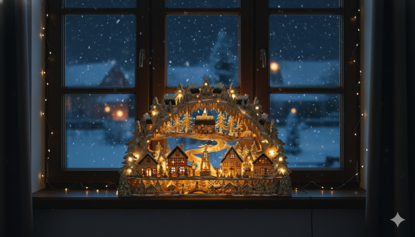 Großer Holz-Schwibbogen mit verschneiter Stadt-Szene, Miniaturfiguren und beleuchteter Pyramide – Laserholz, ca. 98 × 67,5 cm, LED-beleuchtet.“
