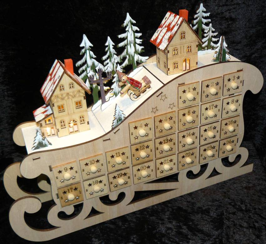 weihnachtkalender holz motiv schlitten beleuchtet