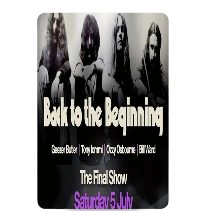 Back to the Beginning: Black Sabbath in Originalbesetzung – Ozzy, Tony Iommi, Geezer Butler & Bill Ward. Festival-Design mit „The Final Show“.