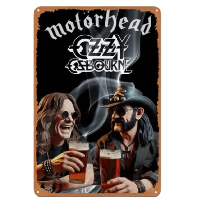 Motörhead & Ozzy: Zwei Titanen des Metal vereint auf einem epischen Himmels Schild.