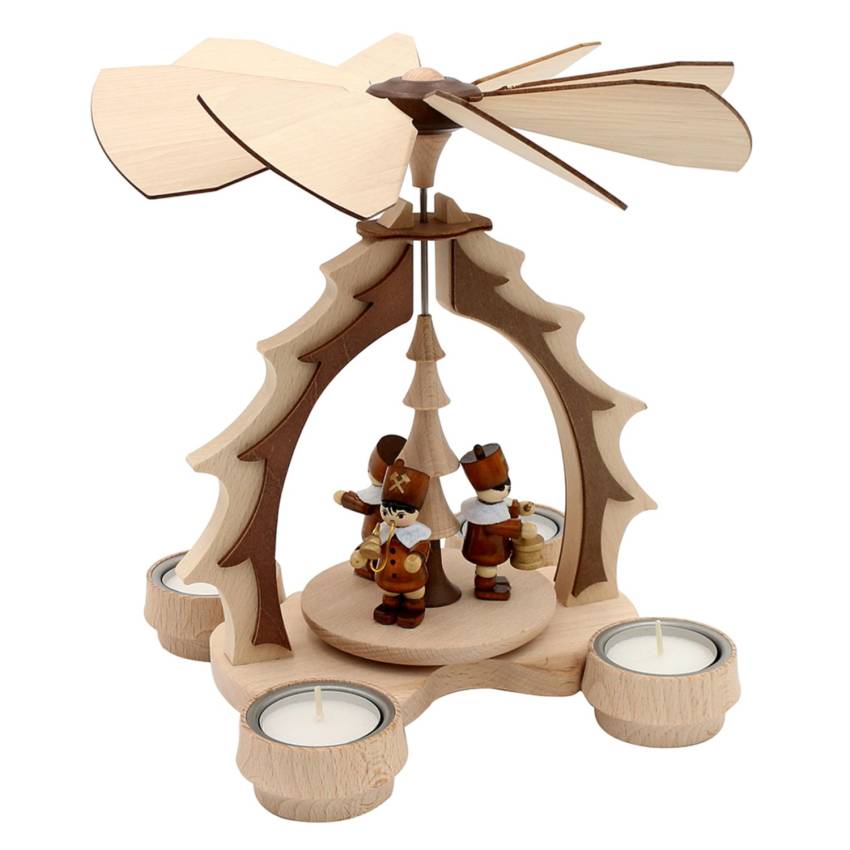 „Erzgebirgische Holz‑Pyramide mit Bergmann‑Figuren, natur/braun, für vier Teelichter“