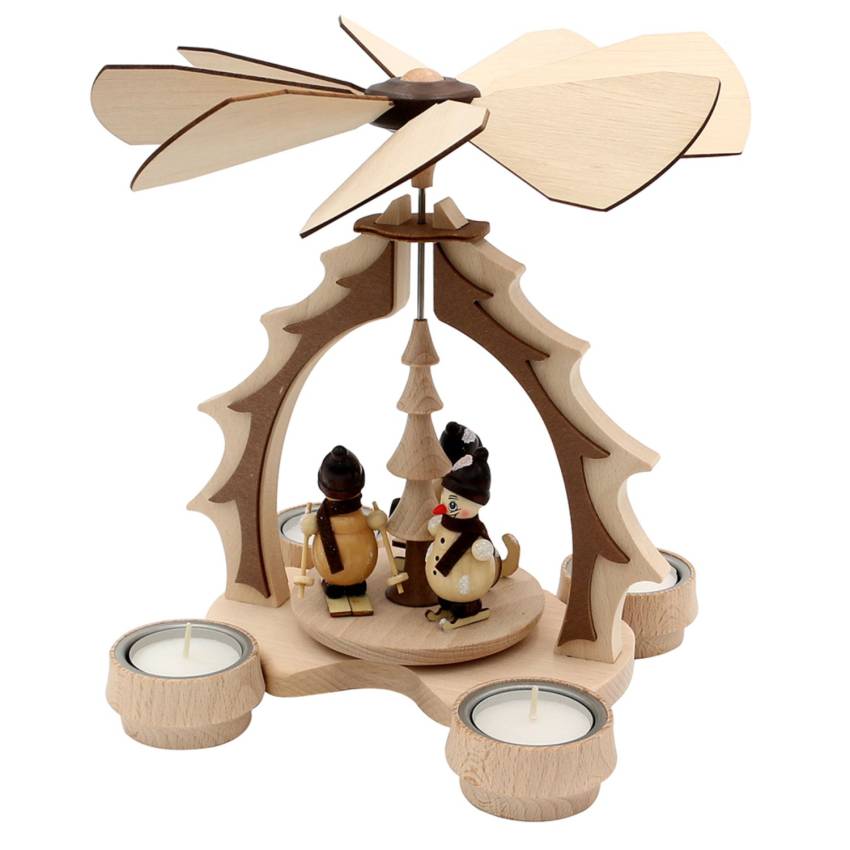 „Holz‑Weihnachtspyramide mit zwei Schneemannfiguren, natur/braun, Teelichtpyramide mit drehenden Flügeln“
