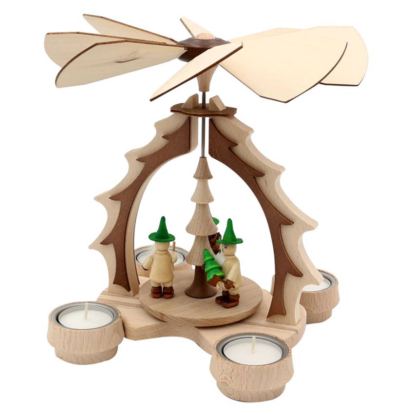 „Weihnachtspyramide aus Holz mit zwei Waldwichteln, naturfarben, drehbar durch Teelichtwärme“