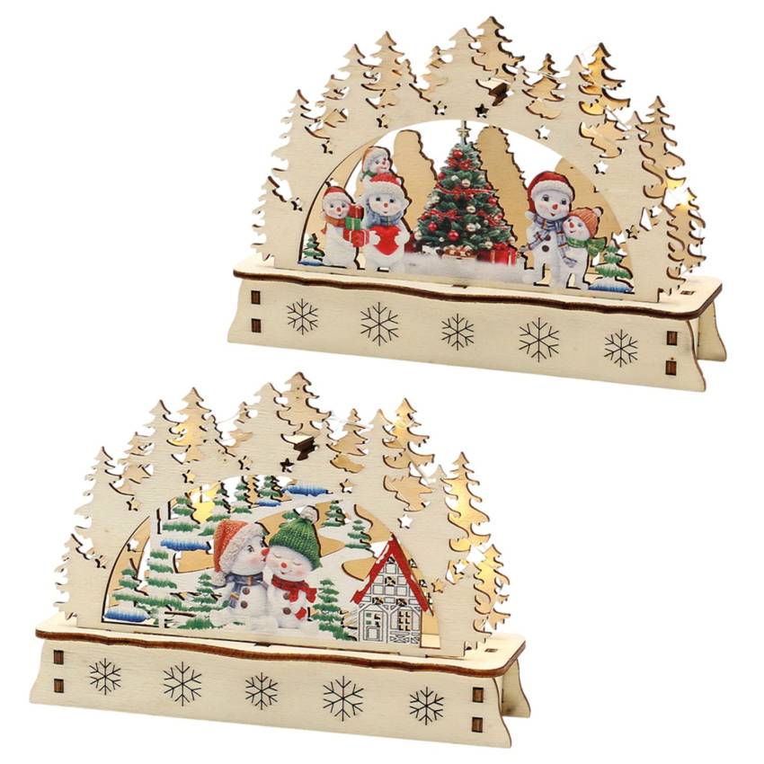 „Zwei Mini-Schwibbögen aus Holz nebeneinander – Schneekinder-Szenen mit winterlicher Landschaft, LED-Beleuchtung, 2-fach sortiert“
