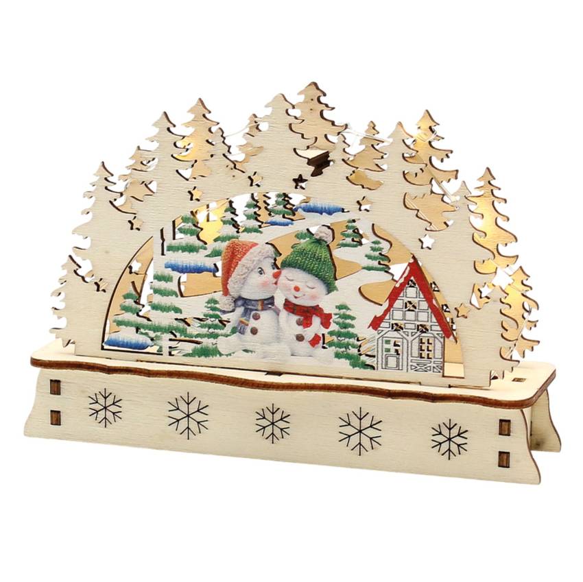 „Mini-Schwibbogen aus Laserholz mit Schneemann und Kindern vor einem geschmückten Weihnachtsbaum – einseitig farbig bemalt, LED-beleuchtet“
