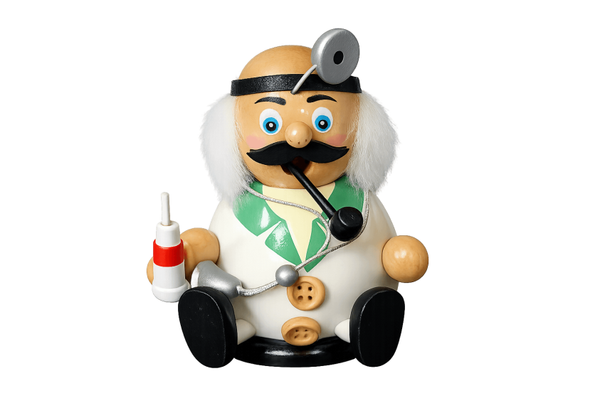 Räucherfigur Arzt auf Holzsockel mit humorvollem Gesichtsausdruck
