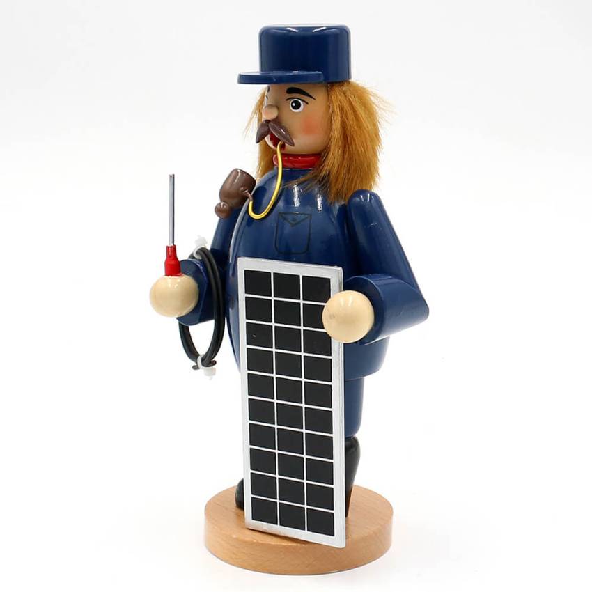 Räuchermann Solarmonteur auf rundem Holzsockel – Berufe-Figur mit Pfeife und technischer Ausstattung“