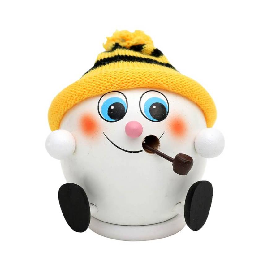 schneeball als räuchermfigur strickmuetze gelb schwarz