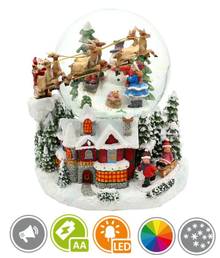 Polyresin Schneekugel Weihnachtsabend mit Santa und Rentierschlitten musik glitzerwasser