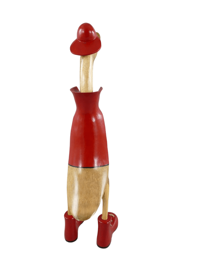 Die große Teakholz-Ente Feuerwehr mit einer Länge von 22cm, einer Breite von 14cm und einer Höhe von 50cm, handgefertigt aus Teakholz, ein einzigartiges Geschenkidee für Feuerwehr-Freunde, das zu einem Top-Preis online gekauft werden kann.