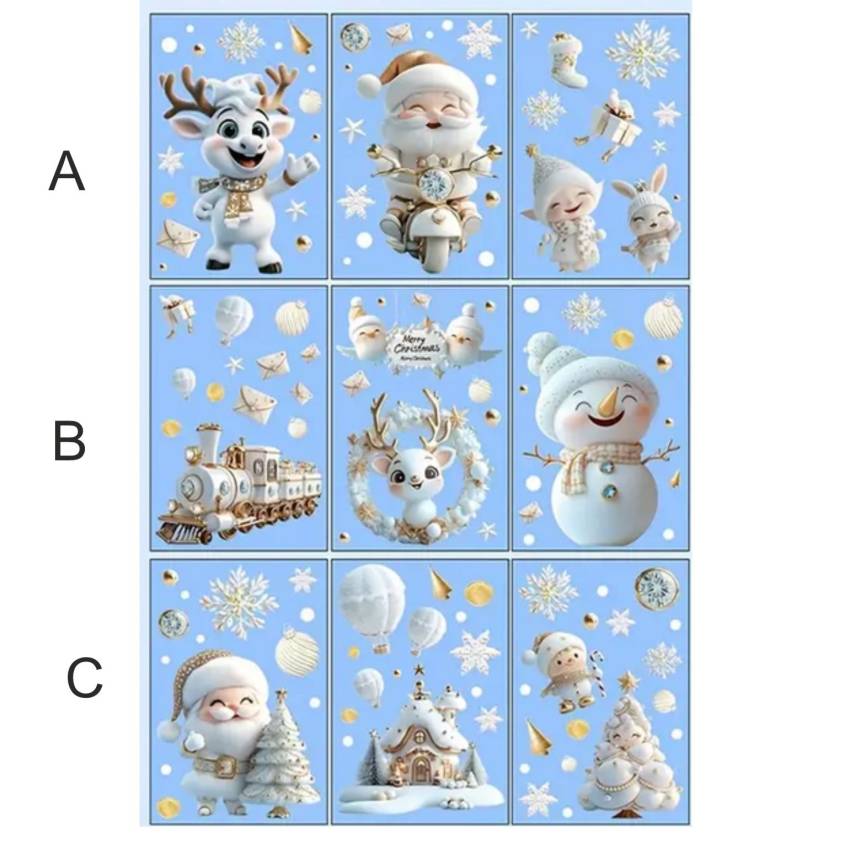 „Weihnachtsfensterbilder mit Rentier, Santa und Schneeflocken – statisch haftend, halbglänzend, wiederverwendbar“