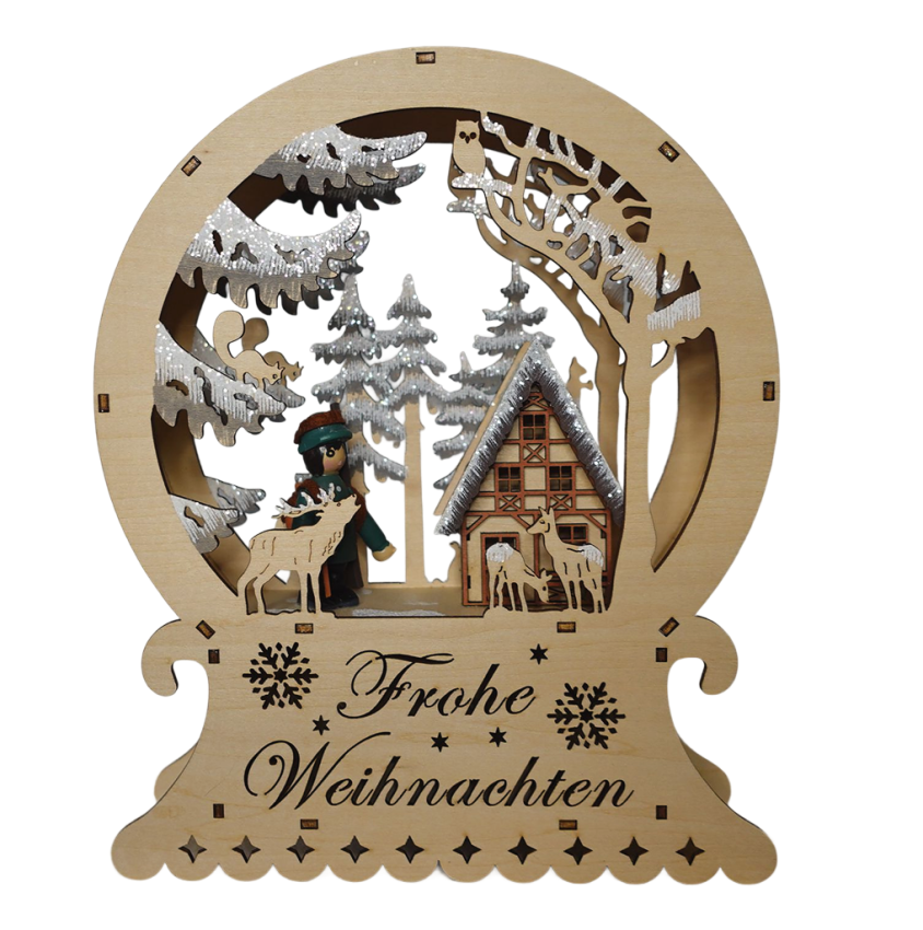 „LED-Diorama aus Holz mit Jagdhaus, Jägerfigur und Rehen – Ø 25 cm, warmweiß beleuchtet“