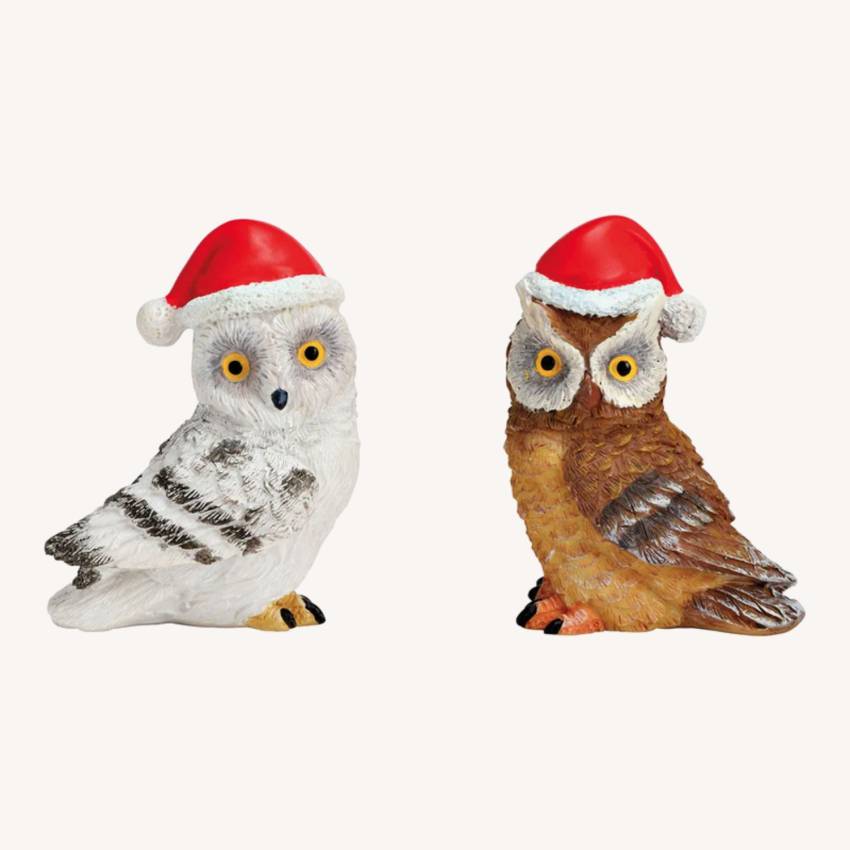 Eulen mit Weihnachtsmütze aus Poly braun, weiß 2-fach sortiert