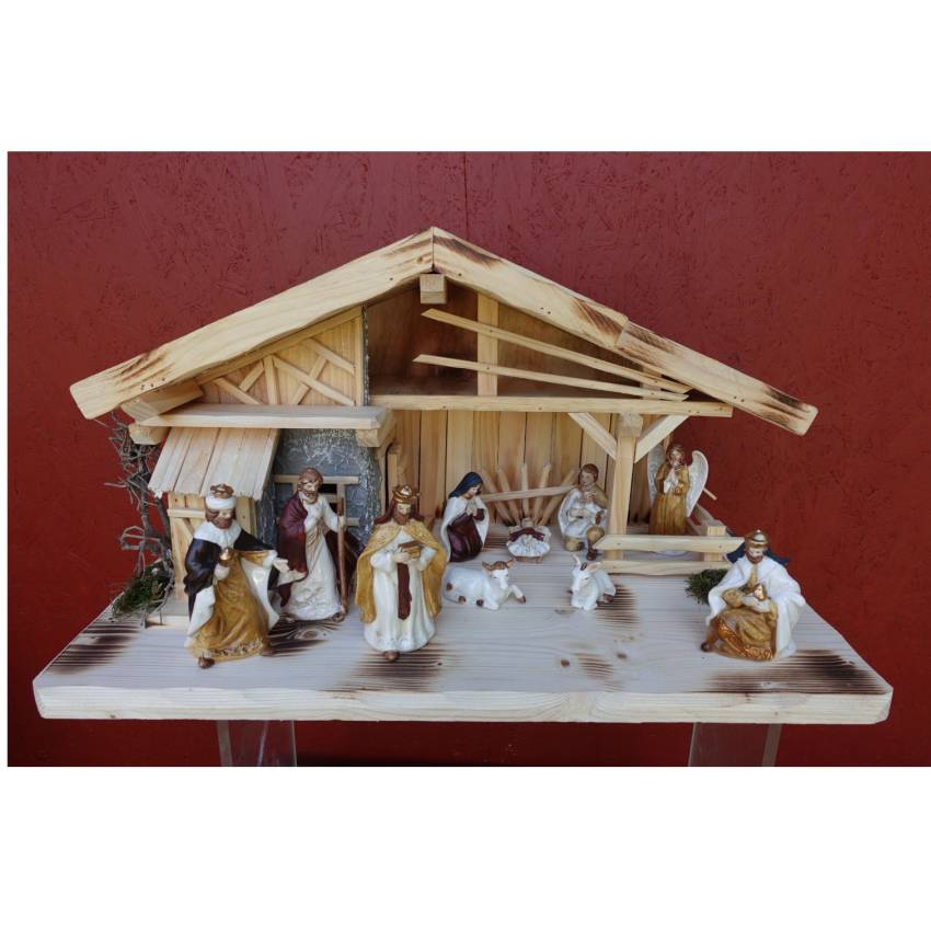 Große Weihnachtskrippe Handarbeit aus Echtholz links