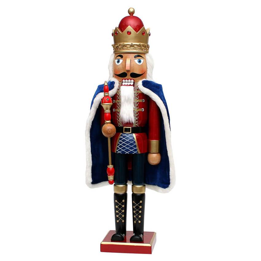„XXL Nussknacker König aus Holz mit roter Krone, Zepter und blauem Umhang, 61 cm“