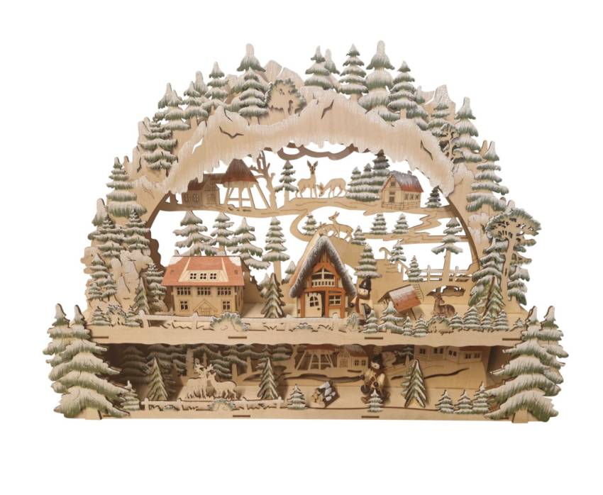 Schwibbogen Lichterbogen „Winterwald“ mit beleuchtetem Sockel