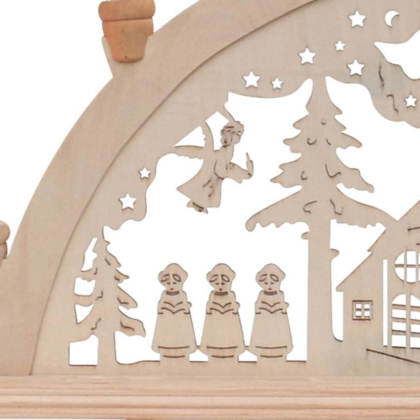 Ein traditionell hergestellter Lichterbogen in der Form des Seiffener Kirchens, mit 7 Flammen und detailgetreu beleuchteten Gebäuden, aus hochwertigem Buchenholz, perfekt für eine weihnachtliche Fensterdeko.
